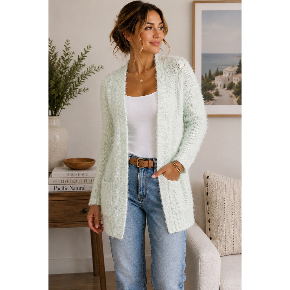 Ashley by 26 International Mint Green Fuzzy Eyelash Knit Open Cardigan Small